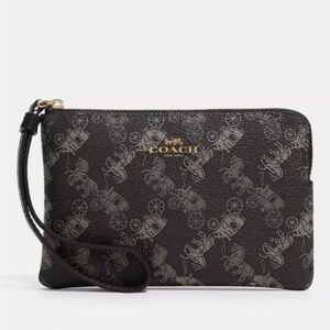 Coach Corner Zip Wristlet Wallet with Horse & Carriage Print Black Grey